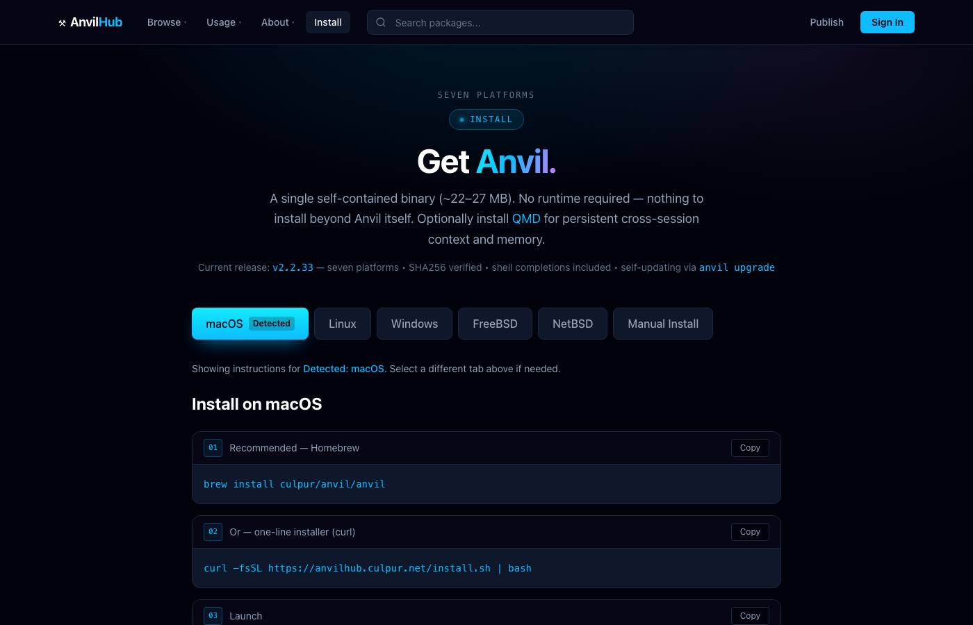 The Anvil install page — pick your platform